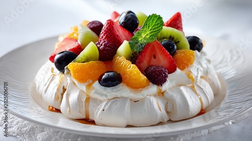 A delicious pavlova dessert topped with vibrant mixed fruits and fresh mint.