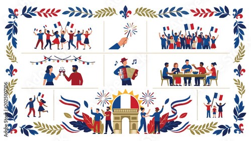 French People Celebrating National Bastille Day Holiday with Festive Activities and Culture