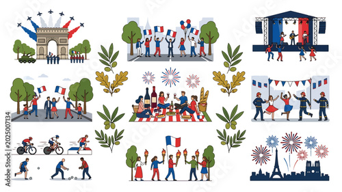French Celebration of National Holiday with Iconic Landmarks and Lively Activities
