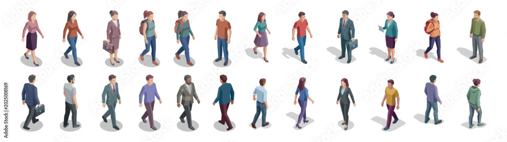 Fototapeta premium Isometric Walking People Casual Office Characters Vector Set
