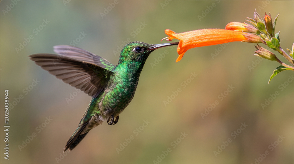 Fototapeta premium Green hummingbird feeding from orange flower