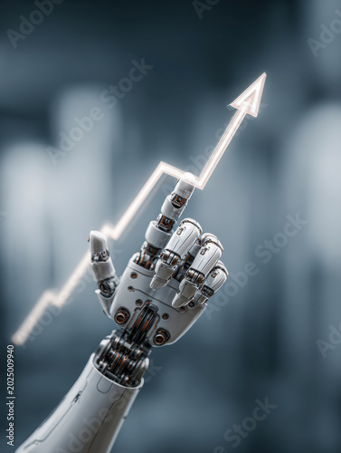 Futuristic robot hand pointing upward with glowing arrow symbolizing growth and success in technology and innovation trends