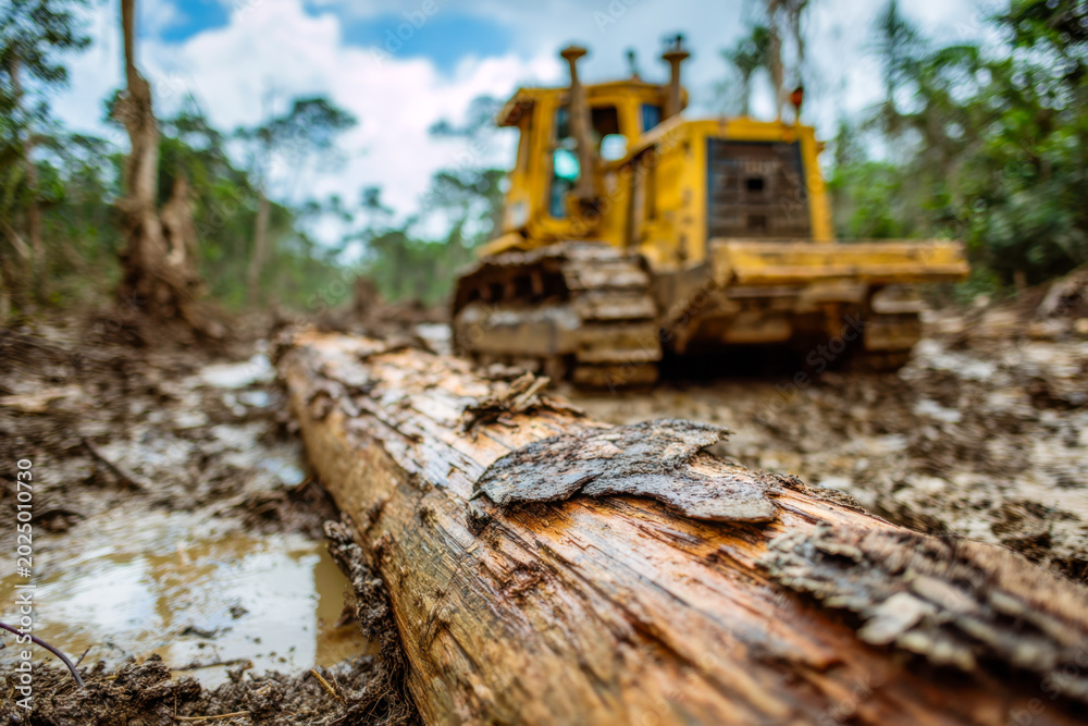 Fototapeta premium Rusty bulldozer clearing a muddy forest path with focus on a fallen decaying tree trunk in a deforestation or logging scene during daytime