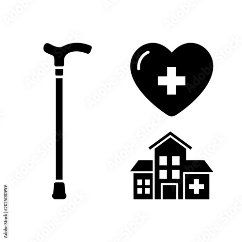 Medical healthcare symbols including cane heart and hospital building.
