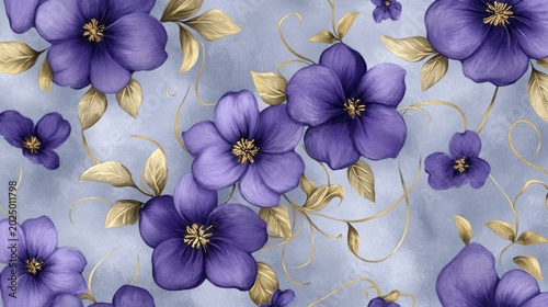 Floral pattern, soft lavender flowers and gold accents on a light gray background
