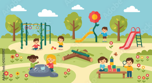 Konstfotografi Multi-ethnic children are depicted having fun and learning while playing with various toys in a bright and colorful outdoor park setting