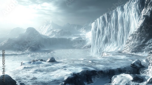 Frozen landscape with icy waterfall cascading down a cliff face, dramatic mountain peaks in the background.  Vast expanse of snow and ice