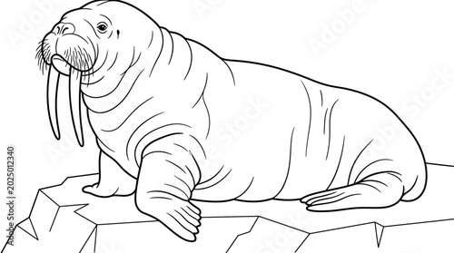 Photos Walrus resting on ice floe, black and white illustration, marine mammal