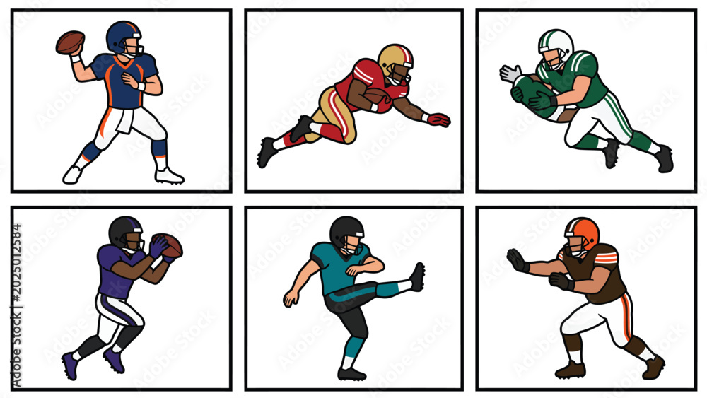 Fototapeta premium Collection of American football players in various action poses and team uniforms.