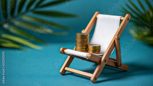 Coins on beach chair representing retirement savings and financial freedom