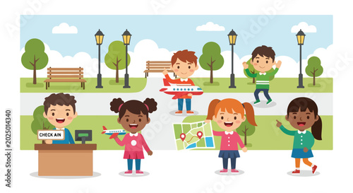 Bild auf Leinwand Diverse happy children play and role-play travel themes like airport check-ins and navigation with maps and toy airplanes in a sunny park setting