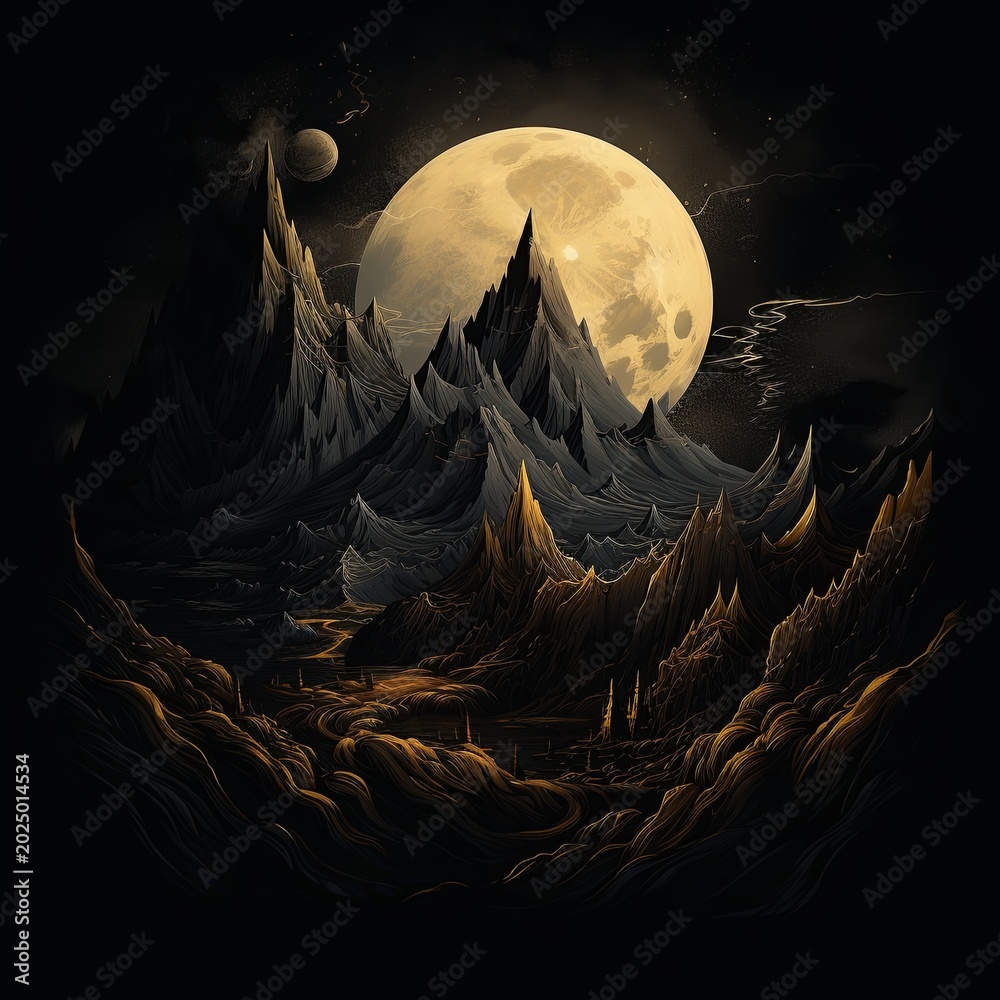 Fototapeta premium Ethereal Lunar Landscape Jagged Peaks Under a Giant Moon, a Dreamy Nightscape Scene