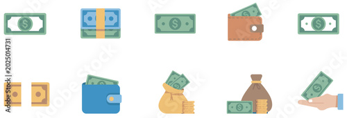 Schilderij op canvas Set of colorful flat money icons featuring wallets cash bags and paper currency