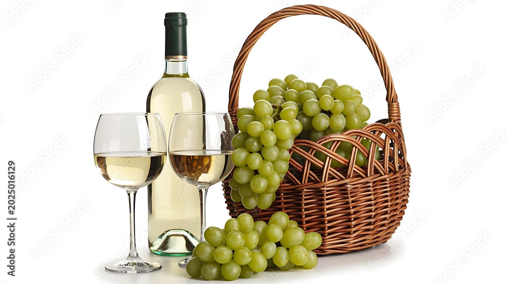 Obraz premium . White wine bottle with grapes and wicker basket isolated on white background for fresh vineyard concept 