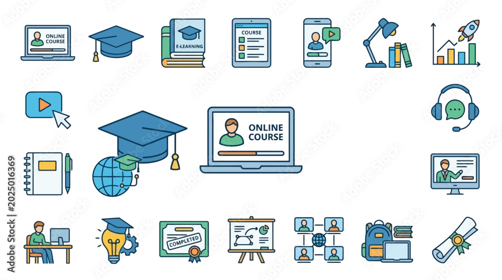 Fototapeta premium Vector Icons Set of colorful online education and elearning icons. EPS Editable