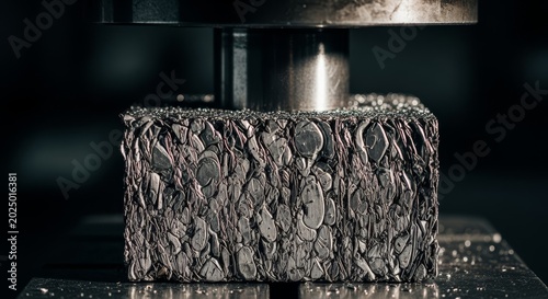 Industrial metal press compacting aluminum scrap into dense blocks