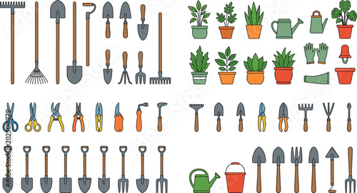 Konstfotografi Set of Gardening Tools and Plant Accessories Vector Illustrations Featuring Rake