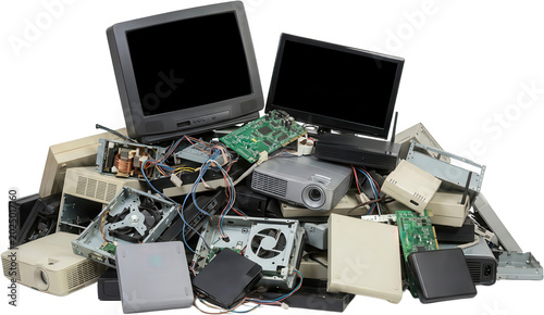 A pile of discarded electronic devices including computer monitors circuit boards projectors and computer components symbolizing obsolescence electronic waste ewaste recycling