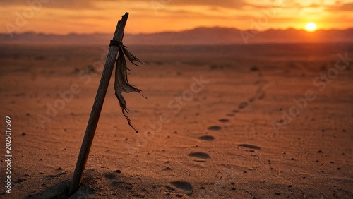 sedition. Broken flagpole in sandy ground with retreating footprints, sunset symbolic of surrender. inspiring travel planning.