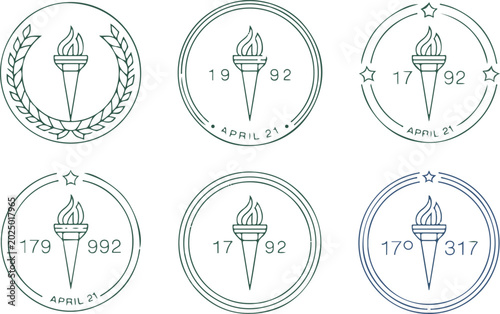 Torch fire seal emblems set university academic logo flaming symbols.