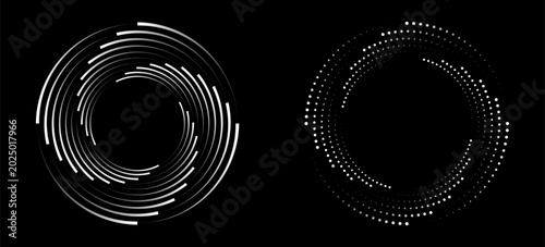 et of black thick halftone dotted speed lines. Speed lines in circle form. Geometric art. Design element for frame, logo, tattoo, web pages, prints, posters, template, abstract vector background.