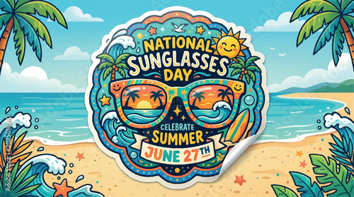 National Sunglasses Day, summer beach illustration, colorful sunglasses logo, June 27th celebration