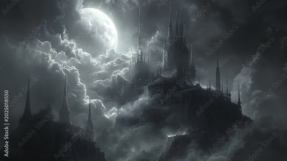 Fototapeta premium Gothic Mount Fuji with Dark Cathedral Architecture in Fantasy Mist Landscape