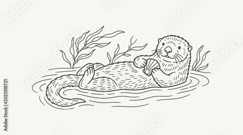 Cute Otter Floating on Back Holding Seashell in Water with Seaweed Outline Drawing