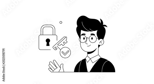 Young man with a lock and key symbol illustrating cybersecurity concept. EPS Editable. Vector Illustrations.