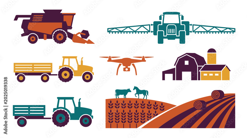 Naklejka premium Flat vector agricultural icons featuring tractors, combine harvesters, farm drones, barns and rural landscapes, representing modern farming technology, illustrating sustainable practices