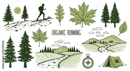 Organic Running Set: Runner, Nature, Camping, Compass, Maple Leaves