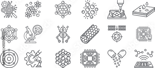 Foto Nanotechnology, science research and molecular engineering line icons set