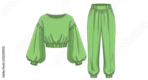 Green Casual Outfit: Cropped Sweatshirt with Balloon Sleeves and Joggers