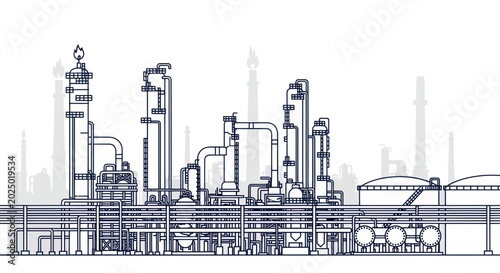 Obraz na płótnie Industrial Complex Blueprint Outline - Petrochemical Plant Line Art Illustration