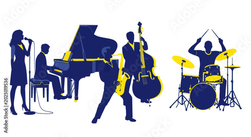 Photography Jazz Band Silhouette: Piano, Saxophone, Bass, Drums, Singer - Live Music Perform