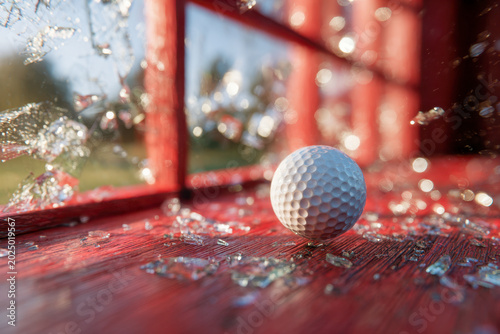 White golf ball resting on a red wooden surface surrounded by shattered glass with sunlight reflecting through the broken window panes on a bright day