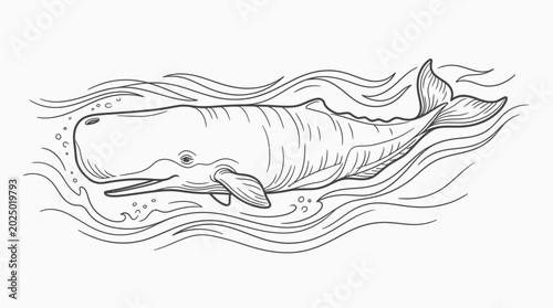 Billede på lærred Sperm whale illustration, hand-drawn style, swimming in wavy ocean water