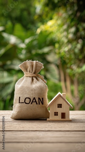 Burlap sack labeled loan standing next to a small wooden house model on a rustic wooden surface with blurred green foliage background symbolizing mortgage financing