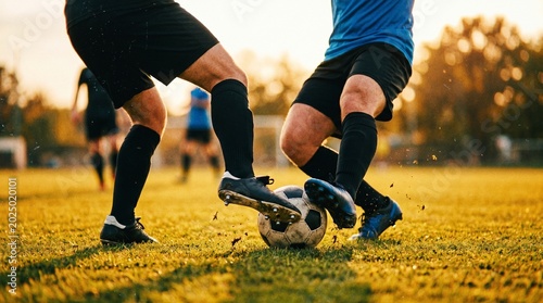 Dynamic close-up of soccer players' legs battling for control of the ball on a sunlit grassy field during an intense outdoor match with blurred background