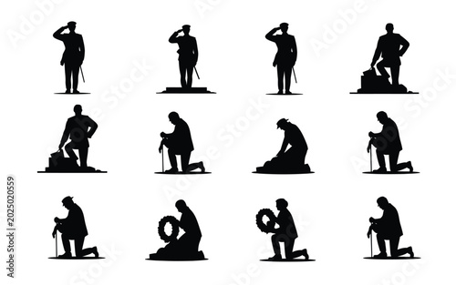 Fotografía Silhouettes of men in various poses saluting kneeling and paying respects black