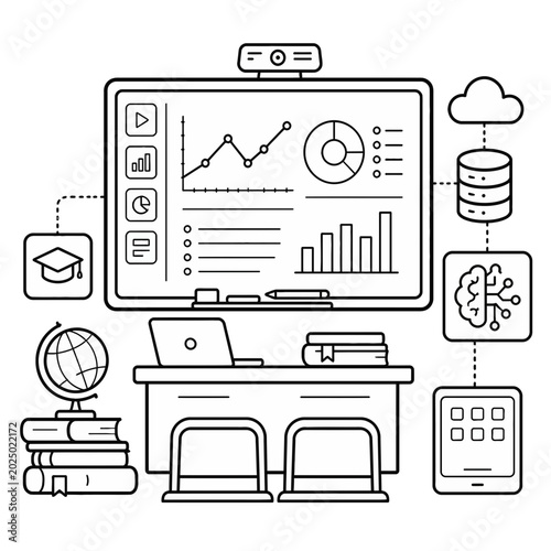 Conceptual Illustration Featuring an Open Book Integrated with Artificial Intelligence and Cloud Computing Data Analytics Icons