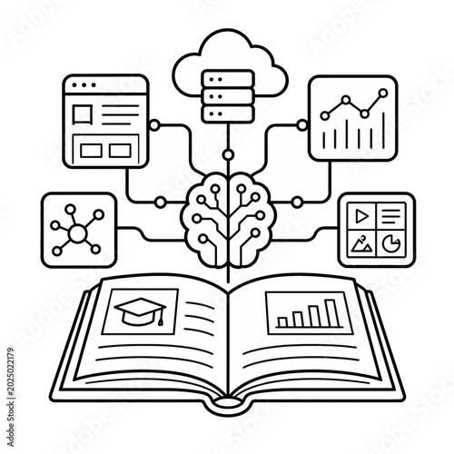 Conceptual Illustration Featuring an Open Book Integrated with Artificial Intelligence and Cloud Computing Data Analytics Icons