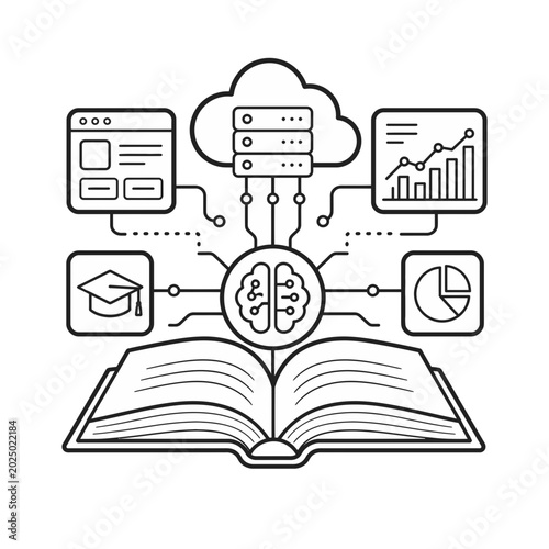 Conceptual Illustration Featuring an Open Book Integrated with Artificial Intelligence and Cloud Computing Data Analytics Icons
