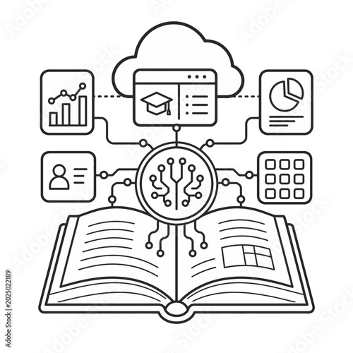 Conceptual Illustration Featuring an Open Book Integrated with Artificial Intelligence and Cloud Computing Data Analytics Icons
