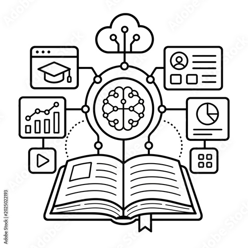 Conceptual Illustration Featuring an Open Book Integrated with Artificial Intelligence and Cloud Computing Data Analytics Icons