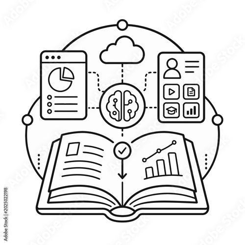 Conceptual Illustration Featuring an Open Book Integrated with Artificial Intelligence and Cloud Computing Data Analytics Icons