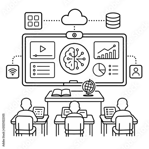 Conceptual Illustration Featuring an Open Book Integrated with Artificial Intelligence and Cloud Computing Data Analytics Icons