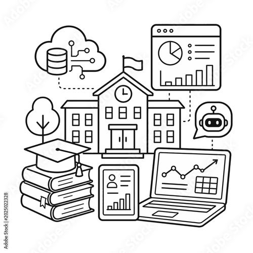 Conceptual Illustration Featuring an Open Book Integrated with Artificial Intelligence and Cloud Computing Data Analytics Icons