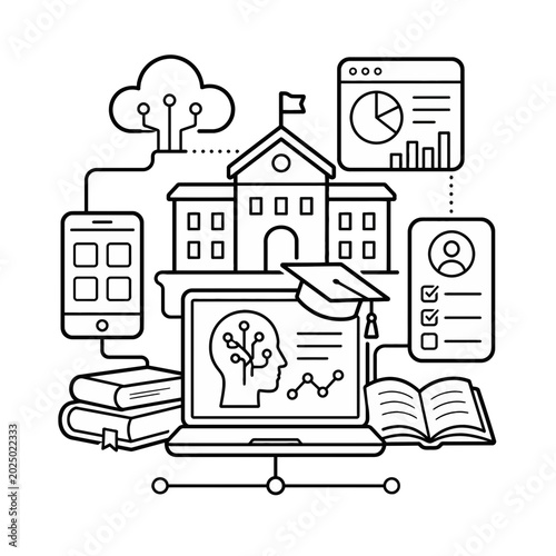 Conceptual Illustration Featuring an Open Book Integrated with Artificial Intelligence and Cloud Computing Data Analytics Icons