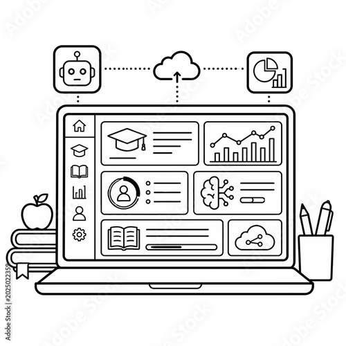 Conceptual Illustration Featuring an Open Book Integrated with Artificial Intelligence and Cloud Computing Data Analytics Icons